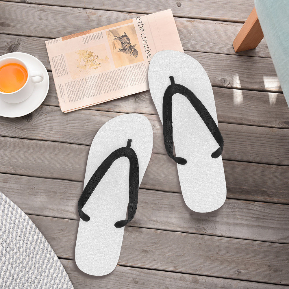 zero custom flip flops pair on wooden deck